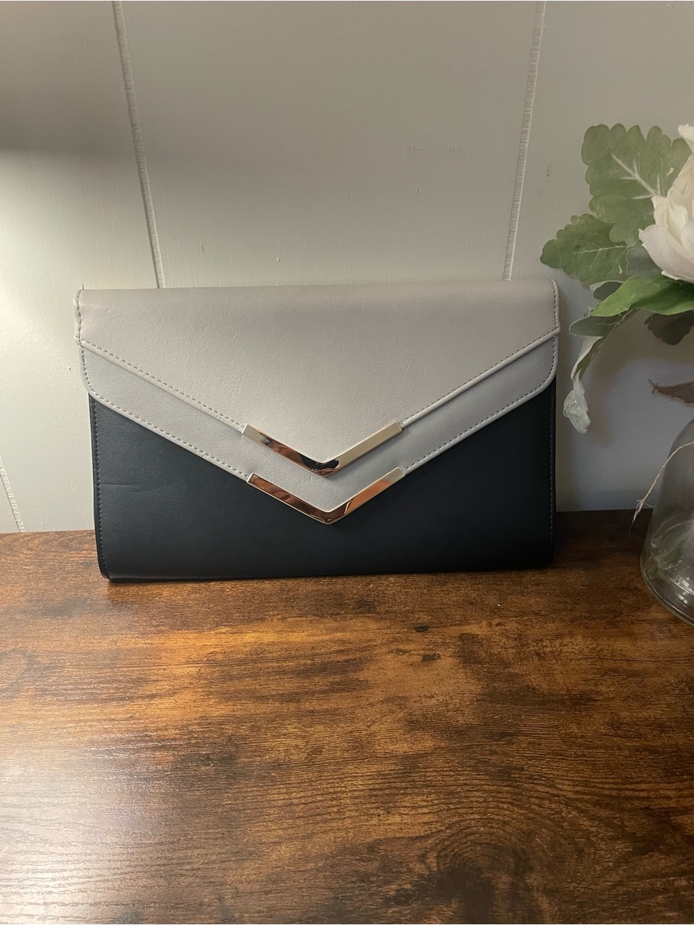 Aldo Black and Light Gray Envelope Clutch with Gold Accent